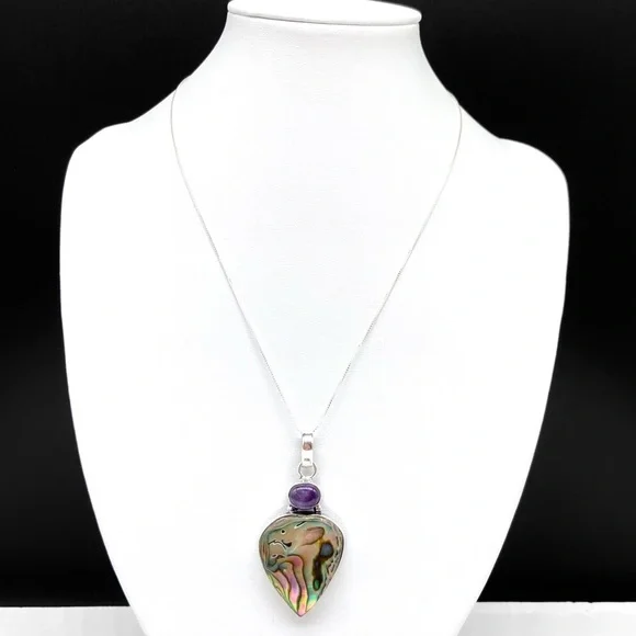 Abalone Shell & Amethyst Crystal Necklace Pendant Sterling Silver 925 Jewelry - Picture 2 of 7